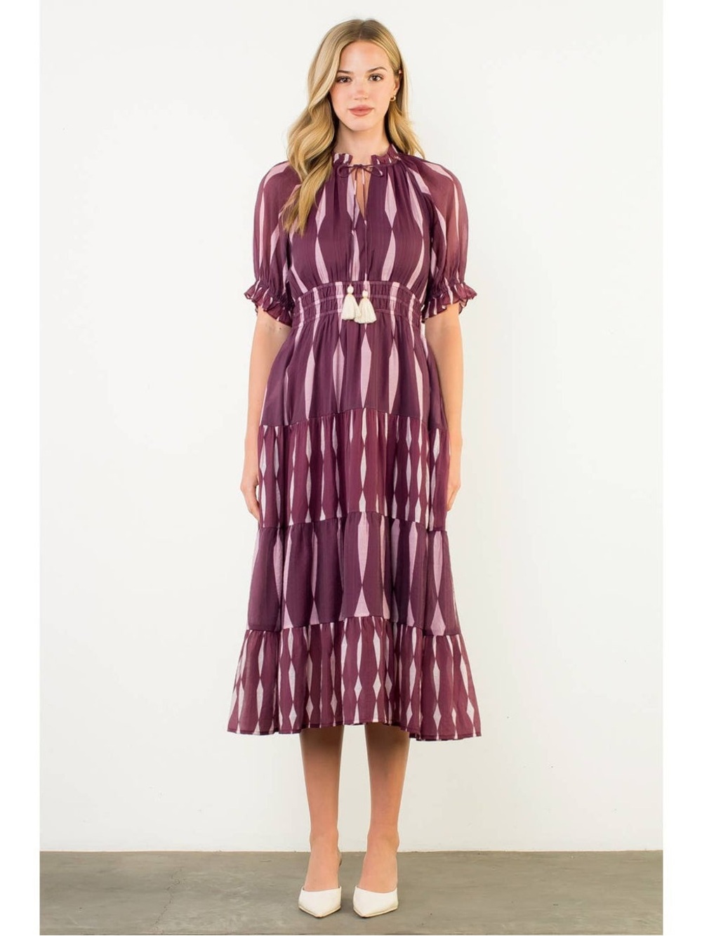 THML Diamond Print Puff Sleeve Midi Dress Size Large